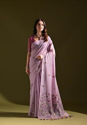 Purple Woven Cotton Saree Set