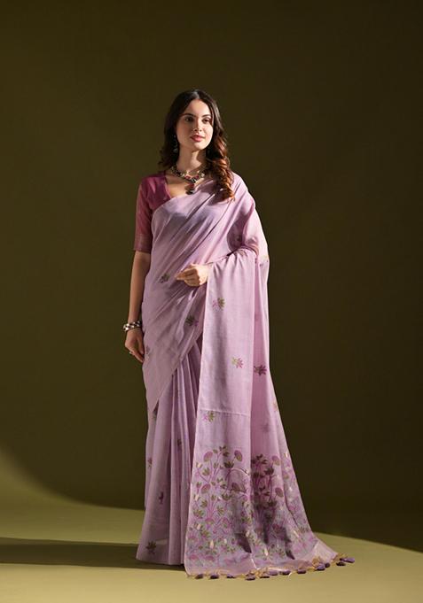 Purple Woven Cotton Saree Set