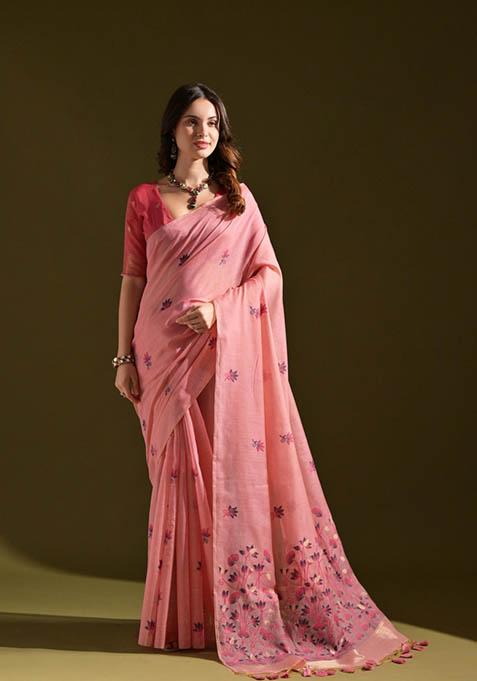 Pink Woven Cotton Saree Set