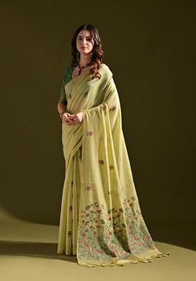 Green Woven Cotton Saree Set