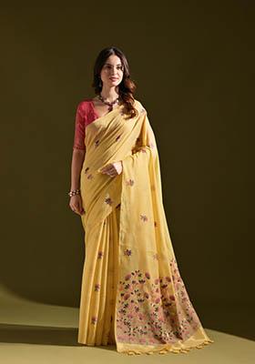 Yellow Woven Cotton Saree Set