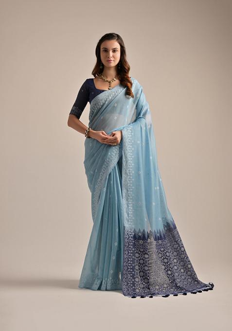 Blue Woven Cotton Saree Set