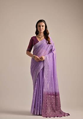 Purple Woven Cotton Saree Set