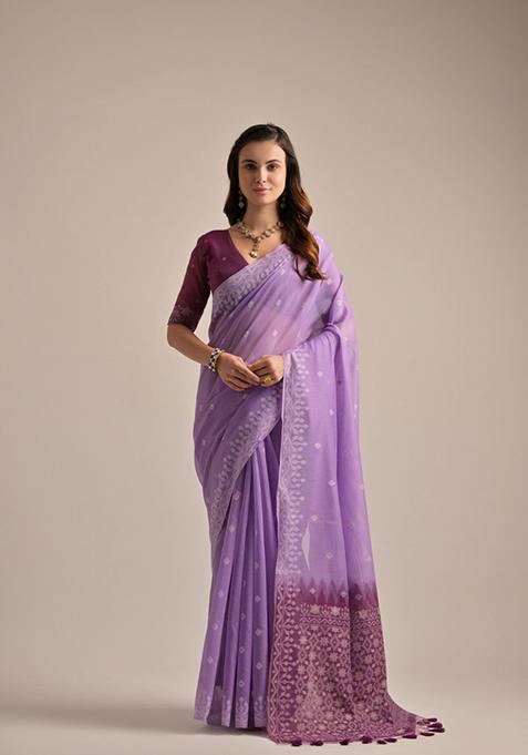 Purple Woven Cotton Saree Set