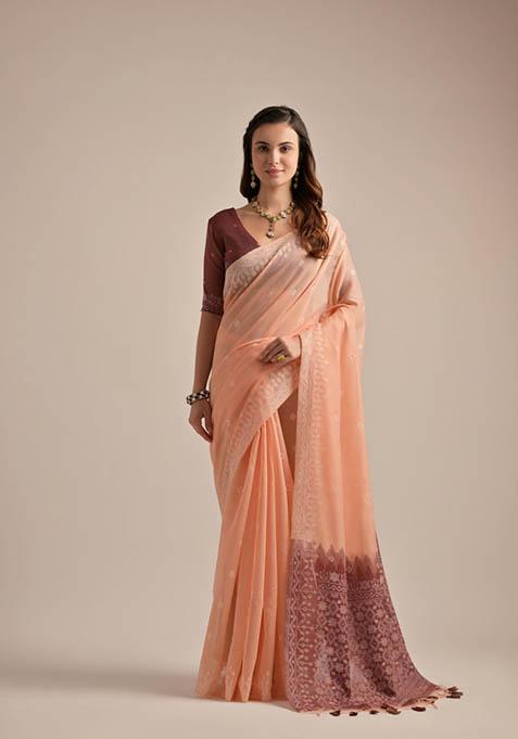 Peach Woven Cotton Saree Set