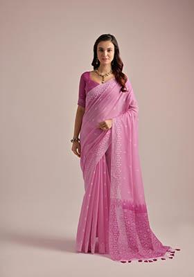 Pink Woven Cotton Saree Set