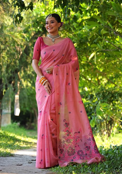 Pink Woven Cotton Saree Set