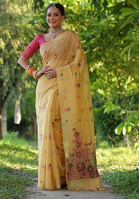 Yellow Woven Cotton Saree Set