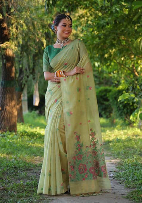 Green Woven Cotton Saree Set