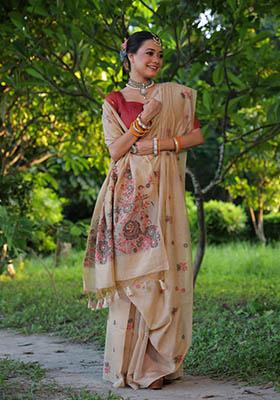 Beige Woven Cotton Saree Set