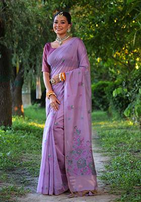 Purple Woven Cotton Saree Set