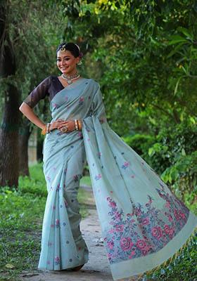 Blue Woven Cotton Saree Set