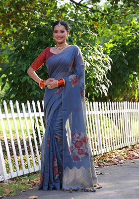 Blue Woven Cotton Saree Set