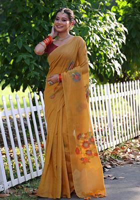 Mustard Yellow Woven Cotton Saree Set