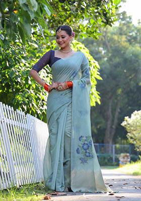 Sky Blue Woven Cotton Saree Set