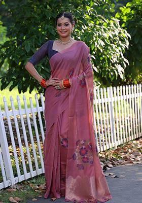 Purple Woven Cotton Saree Set