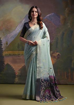 Sky Blue Woven Cotton Saree Set