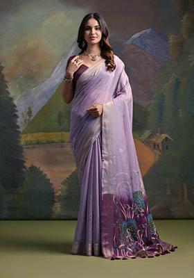 Purple Woven Cotton Saree Set