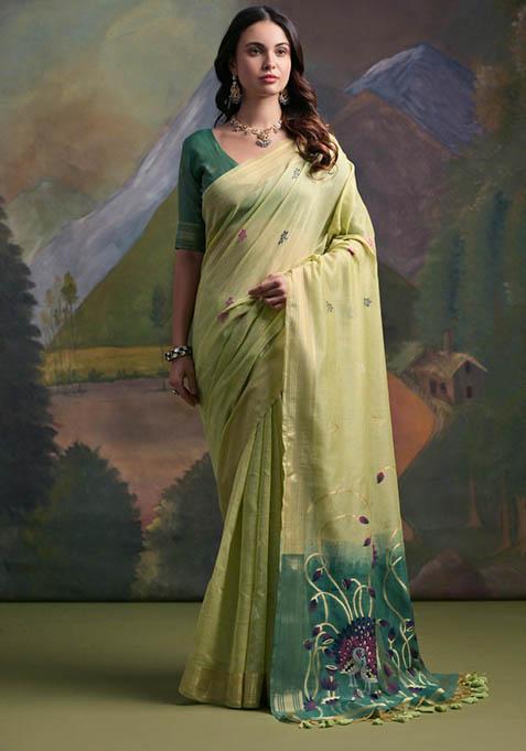 Green Woven Cotton Saree Set