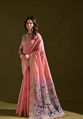 Pink Woven Cotton Saree Set