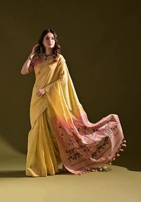 Yellow Woven Cotton Saree Set