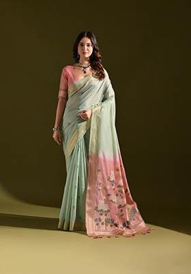 Sea Green Woven Cotton Saree Set