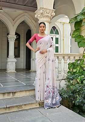 Blue Woven Cotton Saree Set