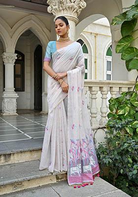 Pink Woven Cotton Saree Set