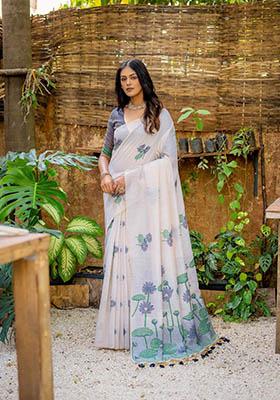 Navy Blue Woven Cotton Saree Set