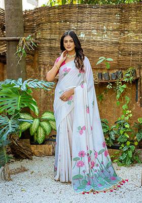 Pink Woven Cotton Saree Set