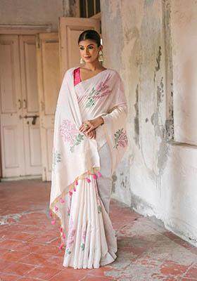 Pink Woven Cotton Saree Set