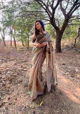 Beige Woven Cotton Saree Set