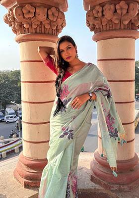 Turquoise Blue Woven Cotton Saree Set