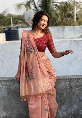 Peach Woven Cotton Saree Set