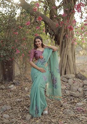 Turquoise Blue Woven Cotton Saree Set