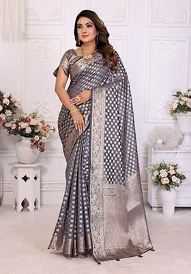 Black Woven Organza Silk Saree Set
