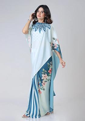 Icy Blue Printed Silk Pre Stitched Saree Set