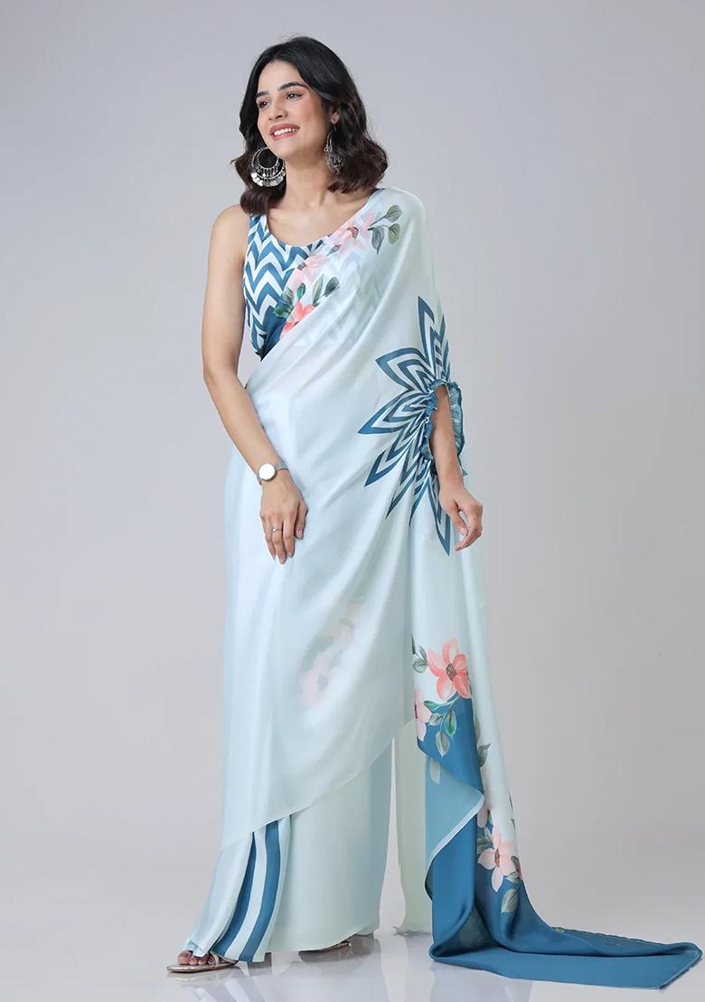 Icy Blue Printed Silk Pre Stitched Saree Set