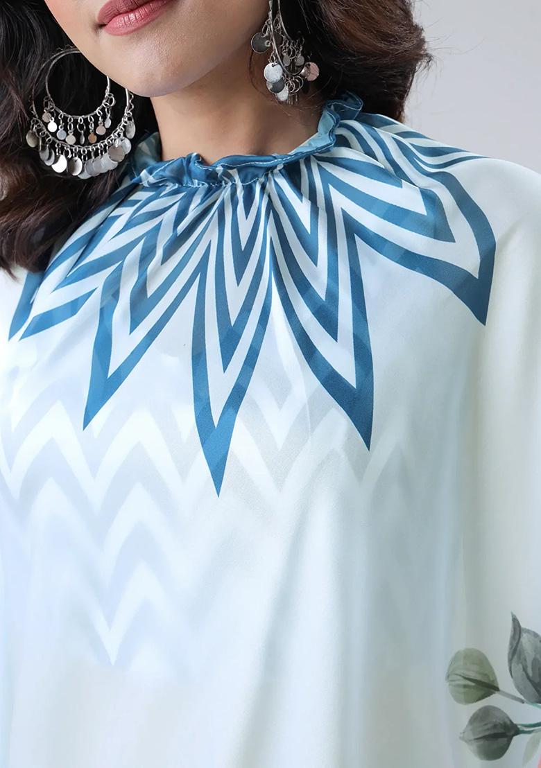 Icy Blue Printed Silk Pre Stitched Saree Set