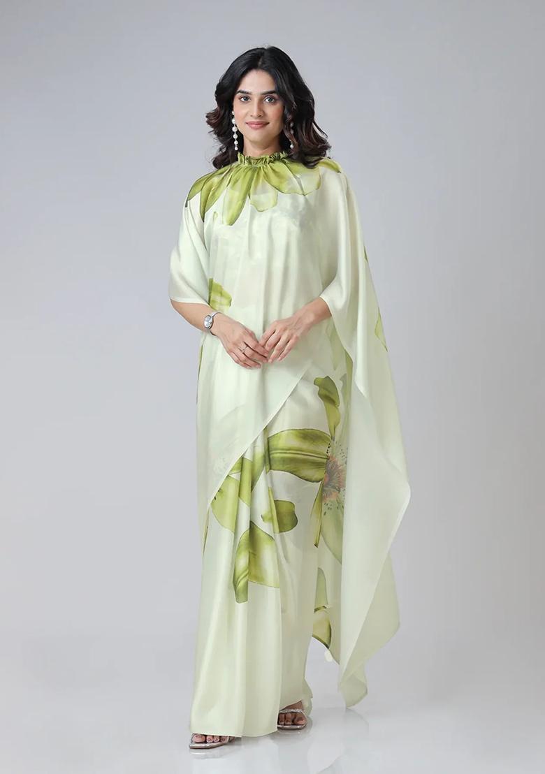 Mint Green Printed Silk Pre Stitched Saree Set