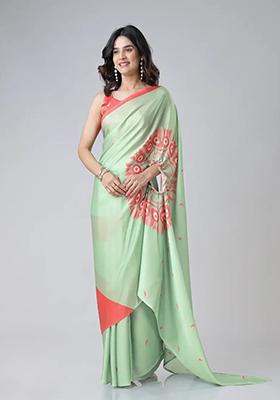 Mint Green Printed Silk Pre Stitched Saree Set