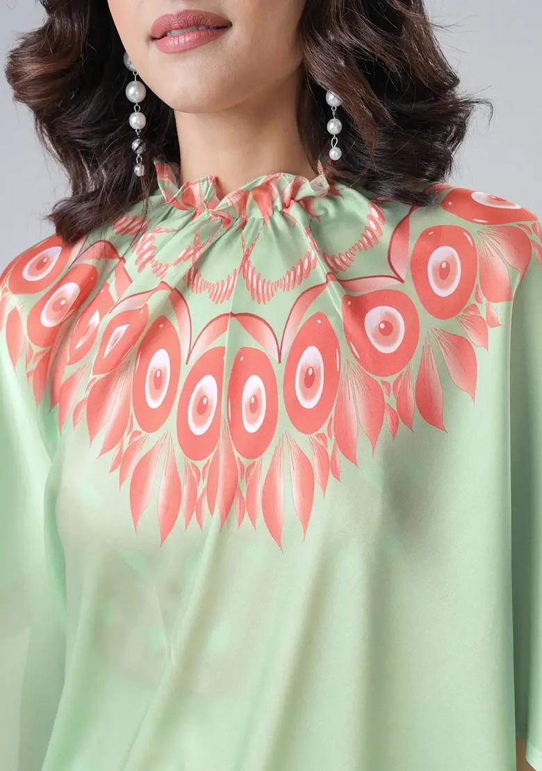 Mint Green Printed Silk Pre Stitched Saree Set