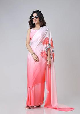 Pink Printed Silk Pre Stitched Saree Set