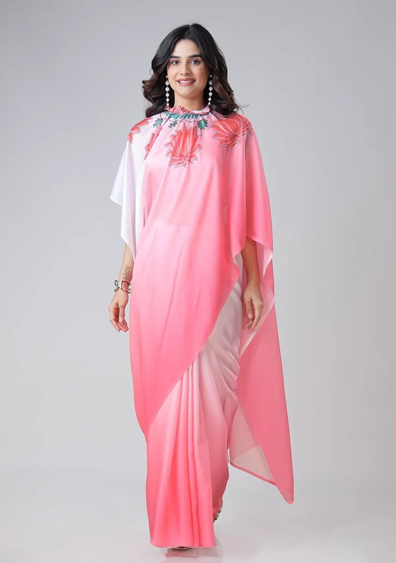 Pink Printed Silk Pre Stitched Saree Set