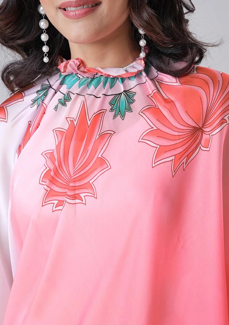 Pink Printed Silk Pre Stitched Saree Set