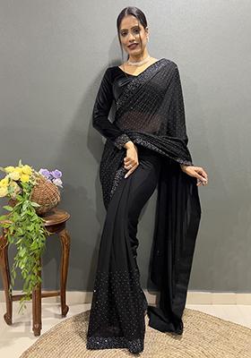 Black Embroidered Silk Pre Stitched Saree Set
