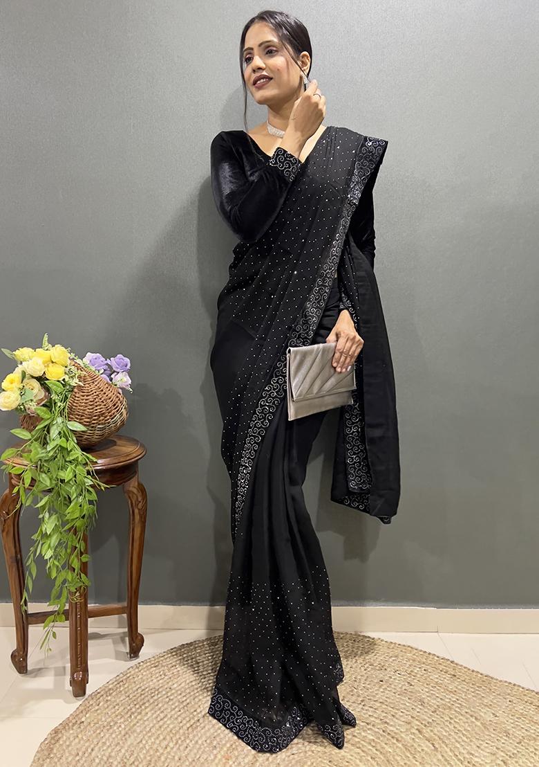 Black Embroidered Silk Pre Stitched Saree Set