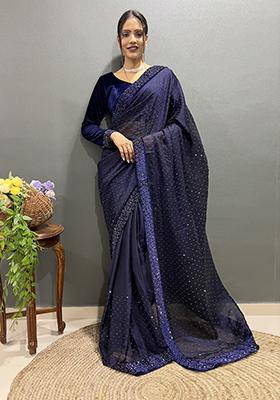 Dark Purple Embroidered Silk Pre Stitched Saree Set