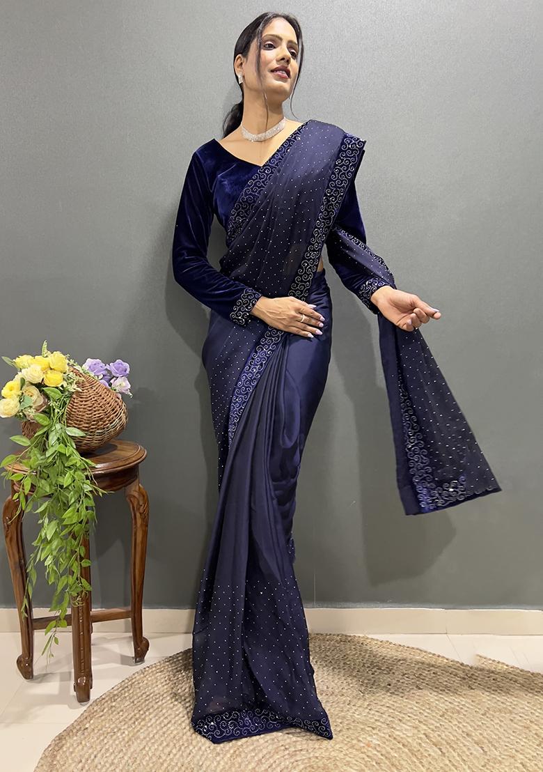 Dark Purple Embroidered Silk Pre Stitched Saree Set