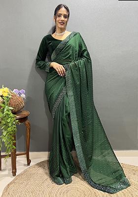 Green Embroidered Silk Pre Stitched Saree Set